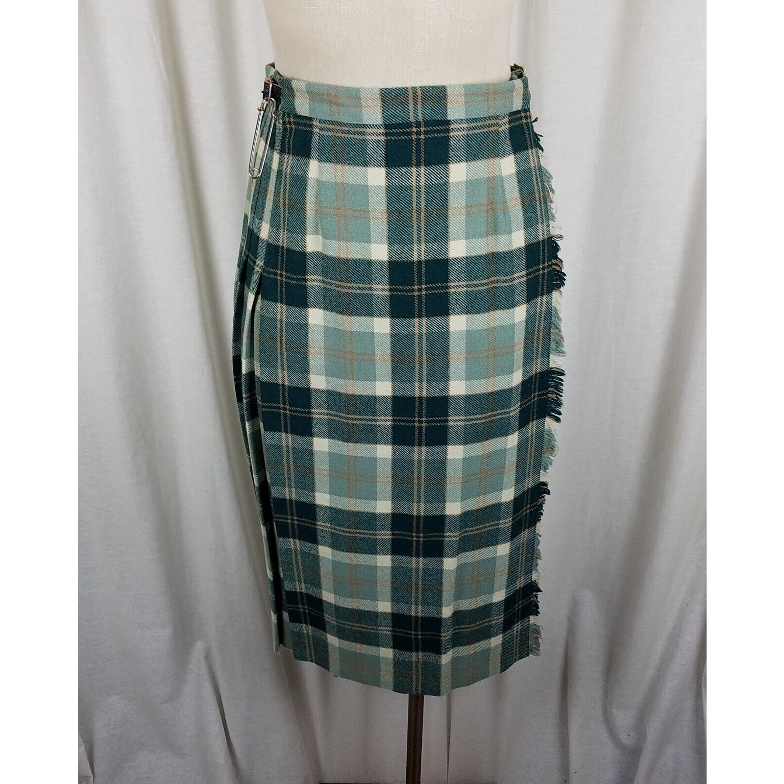 Vintage Scott Of Aberdeen Kilt Skirt Wool Tartan Plaid Fringe Wrap Women 14 28in